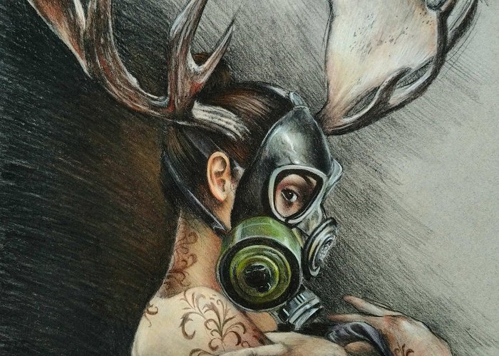 Gendarmenmarkt Surreal Gas Mask Tattooed Female Drawing, Antler Woman Figurative ... photo