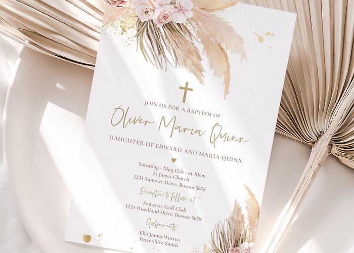 GC Maria Taferl Editable Pampas Grass Baptism Invitation Bohemian Baptism ... photo
